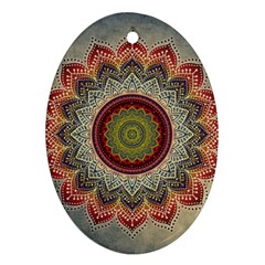 Folk Art Lotus Mandala Dirty Blue Red Ornament (oval)  by EDDArt