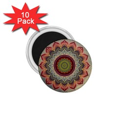 Folk Art Lotus Mandala Dirty Blue Red 1 75  Magnets (10 Pack)  by EDDArt