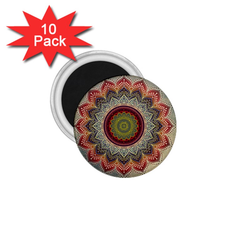 Folk Art Lotus Mandala Dirty Blue Red 1.75  Magnets (10 pack) 