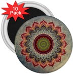 Folk Art Lotus Mandala Dirty Blue Red 3  Magnets (10 pack)  Front