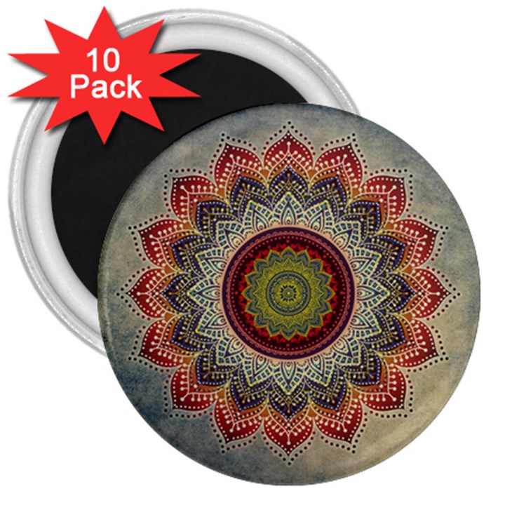 Folk Art Lotus Mandala Dirty Blue Red 3  Magnets (10 pack) 