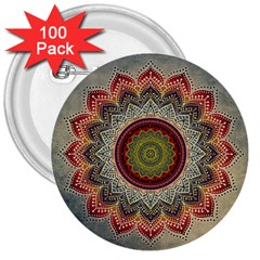 Folk Art Lotus Mandala Dirty Blue Red 3  Buttons (100 Pack)  by EDDArt