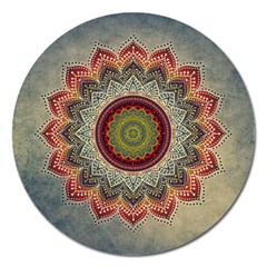 Folk Art Lotus Mandala Dirty Blue Red Magnet 5  (round) by EDDArt