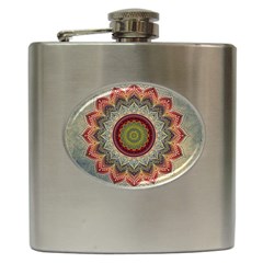 Folk Art Lotus Mandala Dirty Blue Red Hip Flask (6 Oz) by EDDArt