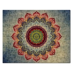 Folk Art Lotus Mandala Dirty Blue Red Rectangular Jigsaw Puzzl by EDDArt