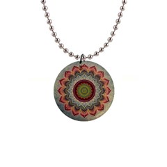 Folk Art Lotus Mandala Dirty Blue Red Button Necklaces by EDDArt