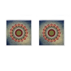 Folk Art Lotus Mandala Dirty Blue Red Cufflinks (square) by EDDArt