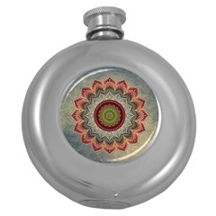 Folk Art Lotus Mandala Dirty Blue Red Round Hip Flask (5 Oz) by EDDArt