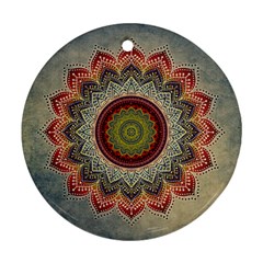 Folk Art Lotus Mandala Dirty Blue Red Round Ornament (two Sides)  by EDDArt