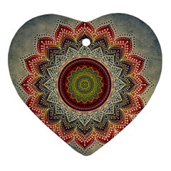 Folk Art Lotus Mandala Dirty Blue Red Heart Ornament (2 Sides) by EDDArt