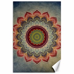 Folk Art Lotus Mandala Dirty Blue Red Canvas 24  X 36  by EDDArt