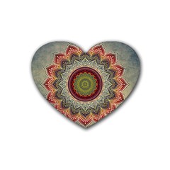 Folk Art Lotus Mandala Dirty Blue Red Heart Coaster (4 Pack)  by EDDArt