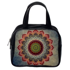 Folk Art Lotus Mandala Dirty Blue Red Classic Handbags (one Side) by EDDArt