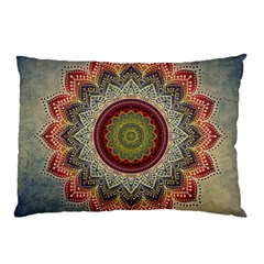 Folk Art Lotus Mandala Dirty Blue Red Pillow Case by EDDArt