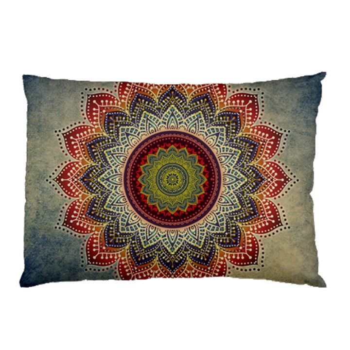 Folk Art Lotus Mandala Dirty Blue Red Pillow Case