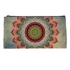 Folk Art Lotus Mandala Dirty Blue Red Pencil Cases by EDDArt