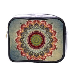 Folk Art Lotus Mandala Dirty Blue Red Mini Toiletries Bags by EDDArt