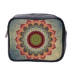 Folk Art Lotus Mandala Dirty Blue Red Mini Toiletries Bag 2-side by EDDArt