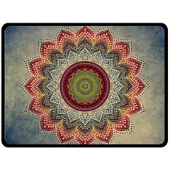 Folk Art Lotus Mandala Dirty Blue Red Fleece Blanket (large)  by EDDArt