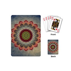 Folk Art Lotus Mandala Dirty Blue Red Playing Cards (mini)  by EDDArt