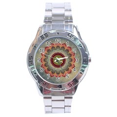 Folk Art Lotus Mandala Dirty Blue Red Stainless Steel Analogue Watch by EDDArt