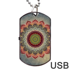 Folk Art Lotus Mandala Dirty Blue Red Dog Tag Usb Flash (two Sides)  by EDDArt