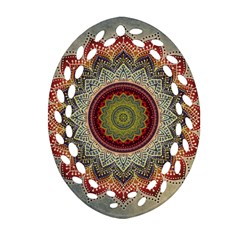 Folk Art Lotus Mandala Dirty Blue Red Ornament (oval Filigree)  by EDDArt