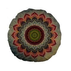 Folk Art Lotus Mandala Dirty Blue Red Standard 15  Premium Round Cushions by EDDArt