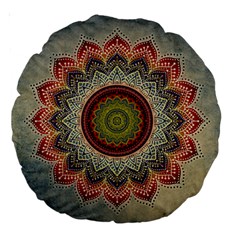 Folk Art Lotus Mandala Dirty Blue Red Large 18  Premium Round Cushions by EDDArt