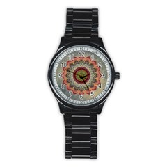 Folk Art Lotus Mandala Dirty Blue Red Stainless Steel Round Watch by EDDArt