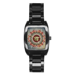 Folk Art Lotus Mandala Dirty Blue Red Stainless Steel Barrel Watch by EDDArt