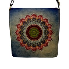 Folk Art Lotus Mandala Dirty Blue Red Flap Messenger Bag (l)  by EDDArt