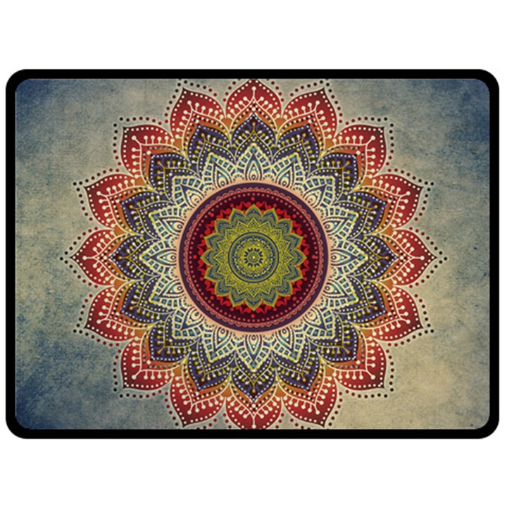 Folk Art Lotus Mandala Dirty Blue Red Double Sided Fleece Blanket (Large) 