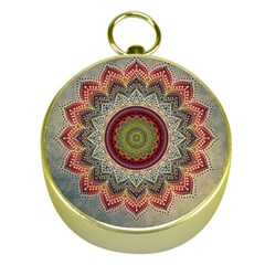 Folk Art Lotus Mandala Dirty Blue Red Gold Compasses by EDDArt