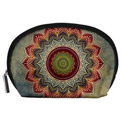 Folk Art Lotus Mandala Dirty Blue Red Accessory Pouches (large)  by EDDArt