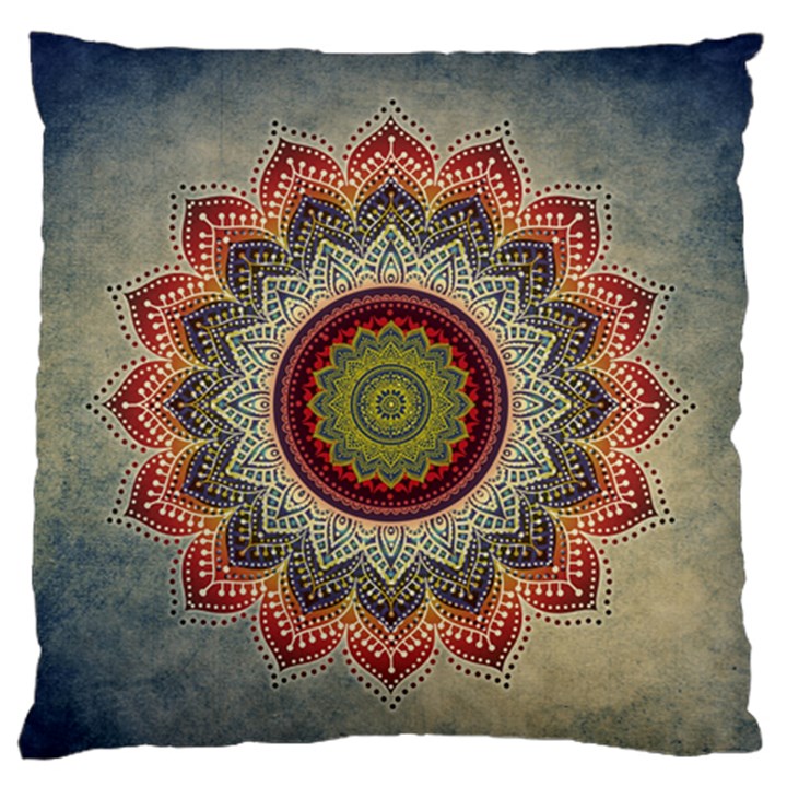 Folk Art Lotus Mandala Dirty Blue Red Large Flano Cushion Case (One Side)