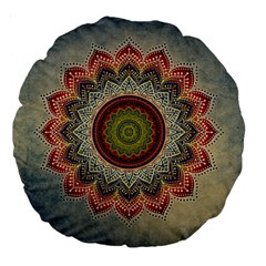 Folk Art Lotus Mandala Dirty Blue Red Large 18  Premium Flano Round Cushions by EDDArt