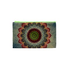 Folk Art Lotus Mandala Dirty Blue Red Cosmetic Bag (xs) by EDDArt