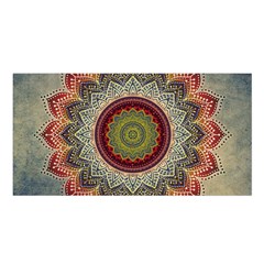 Folk Art Lotus Mandala Dirty Blue Red Satin Shawl by EDDArt