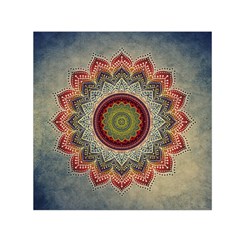 Folk Art Lotus Mandala Dirty Blue Red Small Satin Scarf (square) by EDDArt