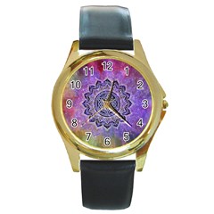 Flower Of Life Indian Ornaments Mandala Universe Round Gold Metal Watch by EDDArt