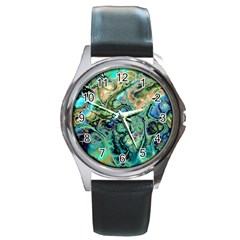 Fractal Batik Art Teal Turquoise Salmon Round Metal Watch by EDDArt