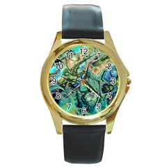 Fractal Batik Art Teal Turquoise Salmon Round Gold Metal Watch by EDDArt