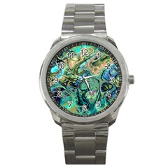 Fractal Batik Art Teal Turquoise Salmon Sport Metal Watch by EDDArt