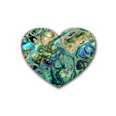 Fractal Batik Art Teal Turquoise Salmon Rubber Coaster (heart)  by EDDArt