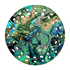 Fractal Batik Art Teal Turquoise Salmon Round Filigree Ornament (2side) by EDDArt