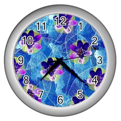 Purple Flowers Wall Clocks (Silver) 