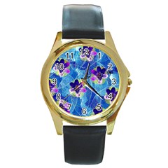 Purple Flowers Round Gold Metal Watch