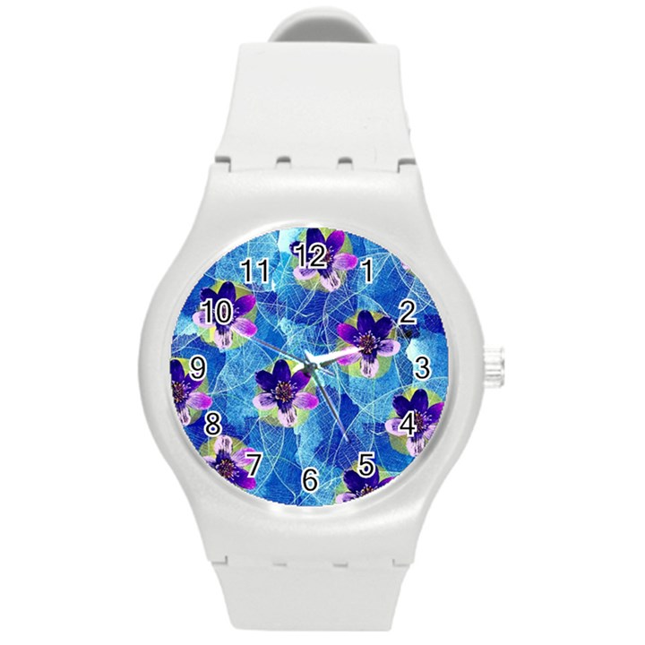 Purple Flowers Round Plastic Sport Watch (M)