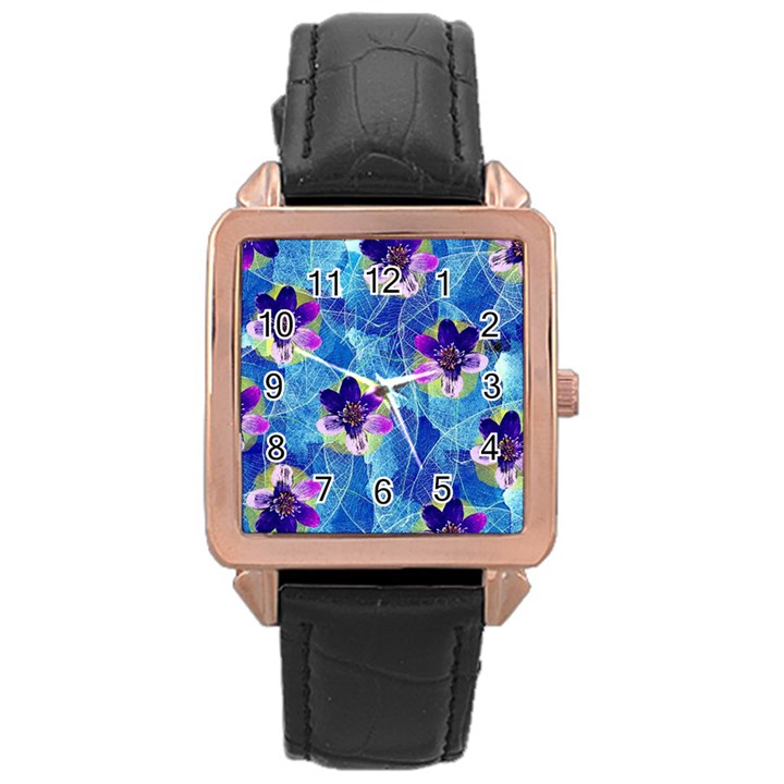 Purple Flowers Rose Gold Leather Watch 